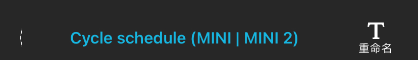 配置库中配置编辑器的最顶层信息栏。从左到右，"< Cycle schedule (MINI | MINI 2) Rename."