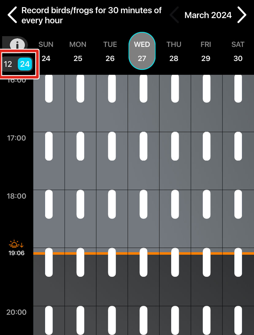 当切换开关设置为 24 小时制时，将标记为“17:00、18:00 等”，日落标记为“19:06”。