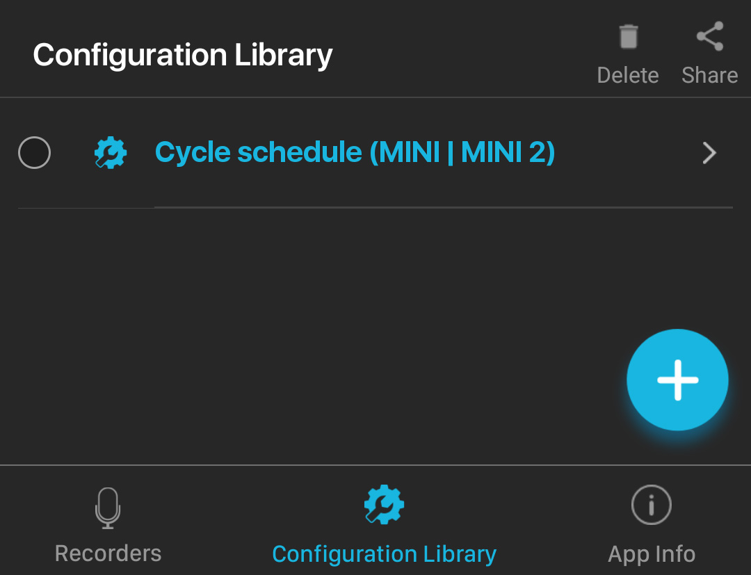 Captura de pantalla de la Configuration Library (Biblioteca de configuraciones), en la que aparece "Cycle schedule (MINI | MINI 2)" en la lista.