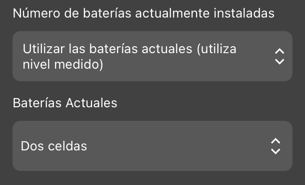 Cuando el menú desplegable Batteries (Baterías) está configurado en "Use Current Batteries (uses measured level)" (Usar baterías actuales [usa el nivel medido]), este ajuste aparece como un nuevo menú desplegable.