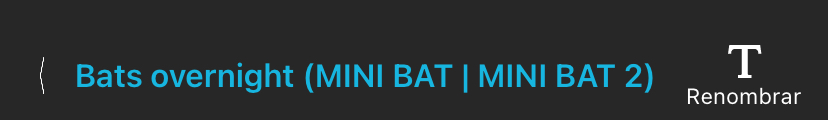 La barra de información situada en la parte superior del Configuration Editor (Editor de configuraciones) de la Configuration Library (Biblioteca de configuraciones). De izquierda a derecha, "< Bats overnight (MINI BAT | MINI BAT 2) Rename." (< Quirópteros de noche (MINI BAT | MINI BAT 2) Cambiar nombre).
